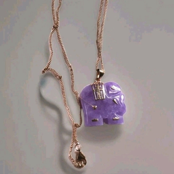 Purple Jade Lucky Elephant Pendant With Longevity Chinese Calligraphy Gold Plat - Picture 1 of 10